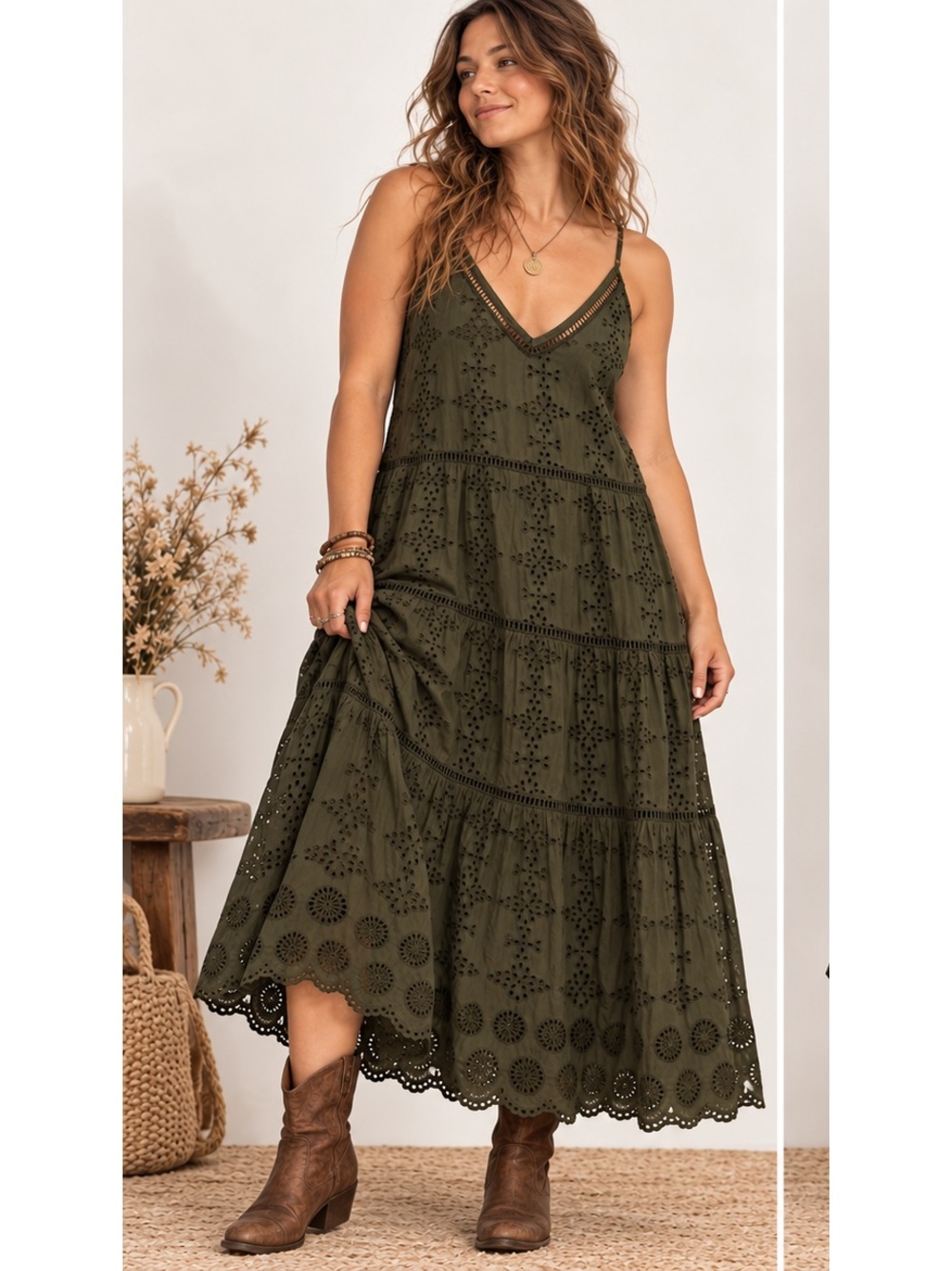 Karen Kane Olive Eyelet V-Neck Cottagecore Fall Western Tiered Maxi Dress Large